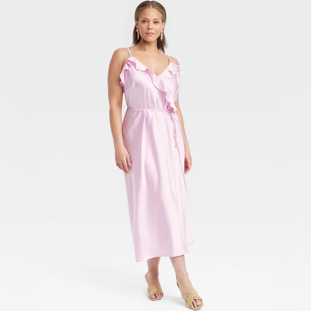 a new day Pink Satin Ruffle Midi Slip Dress w/ Waist Tie